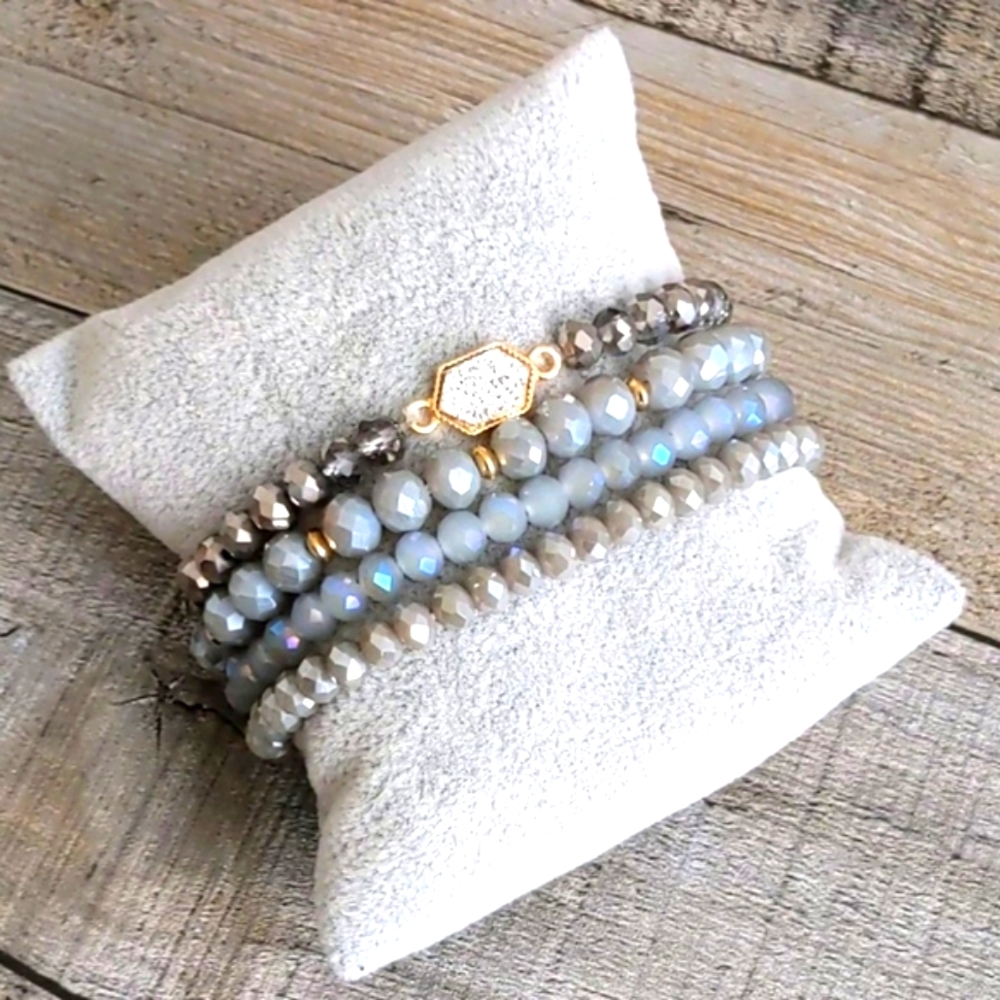 Silver & Gray Crystal Beaded Boho Bracelets Multi Layer Stretch Natural Gemstone - Picture 6 of 12